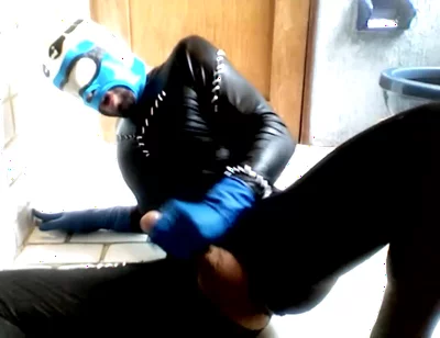 Blue Hornet in Spandex Catsuit Cums on Blue Latex Gloes and Mask