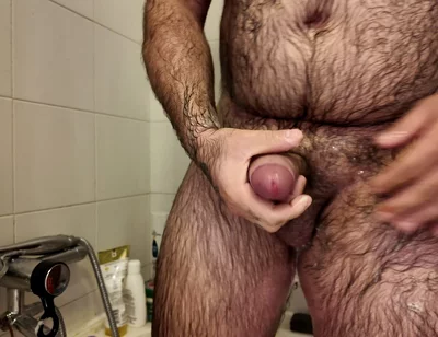 Hairy Bear Jerks off in the Bathroom and Cums
