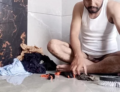 Desi young boy enjoy washing father's underwear