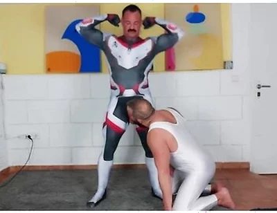 Muscle Daddy - Muscle Man Tries On Spandex Cosplay Suit With The Help Of His Muscle Stepdaddy