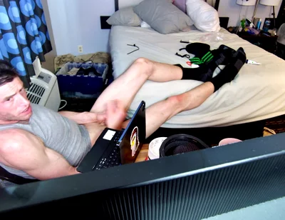 Jerk off with Feet on Bed with Socks Pulled to Calves as I Bust Grunting Hard in Chair