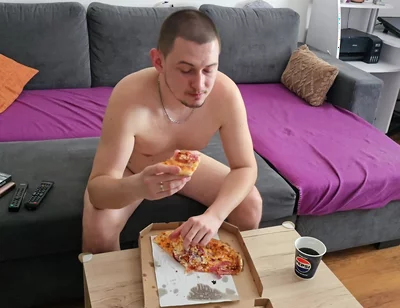 Eating Pizza and Watching TV Completely Naked