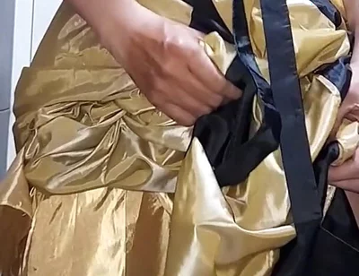 Gold Satin Silk Longdress Evening Gown Masturbation