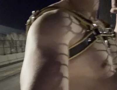 Midnight Muscle Tease: Asian Hunk Flexes Ass & Biceps in Yellow Harness on Highway Bridge
