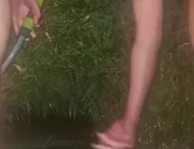 Clean Pressure Enema with Ass Lips and Pissing - Outdoor Garden Hose Anal