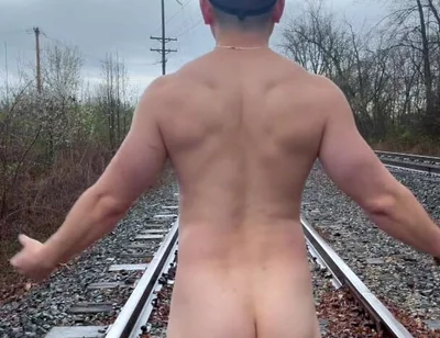 Rain-soaked Railroad Exhibition Muscular Asian Hunk Strips, Flexes, Cums Hard & Marks His Territory