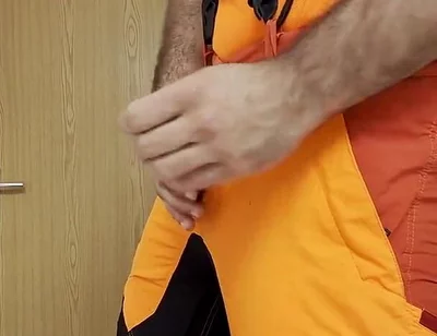Lumberjack in Hivis Jerks His Huge Cock and Muscle Worship