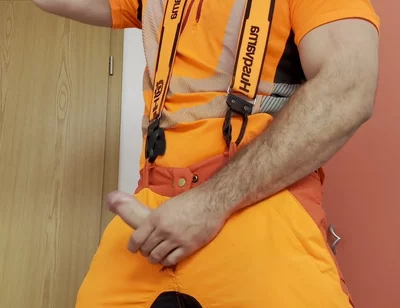 Lumberjack in Hivis Jerks His Huge Cock and Muscle Worship