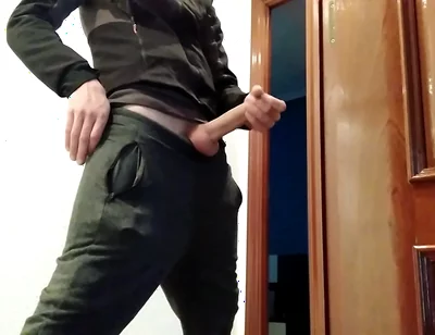 Handjob From Hot Amateur Guy with Big Cock, Shoots at the Door