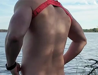 Asian Muscle God Strips Bare by the Lake - Ripped Physique on Full Display & Massive Load
