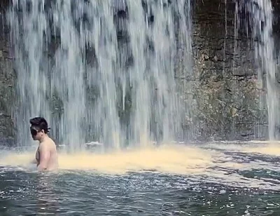 Muscular Asian Hunk Flexes in Speedo by Waterfall - Tight Ass & Hole Tease, Strips Naked & Explodes with Massive Cumshot