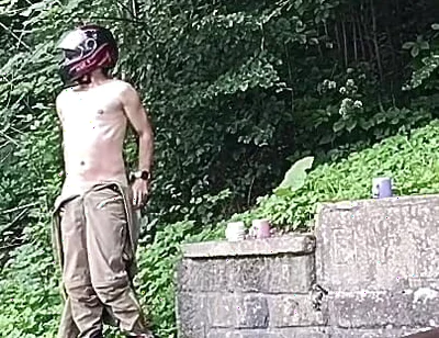 Jerking off in Public on the Road Near a Spring, Caught by a Young Man Masturbating Completely Naked
