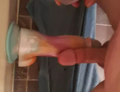 Rubbing Cocks with Huge Vibrating Dildo