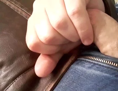 Edge and Cum on New Brown Leather Jacket