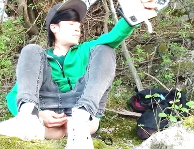 Risky Masturbation Outdoors a Man's Voice Caught This Cute Gay Twink with His Balls Hanging Out, Jerking off His Uncut Foreskin