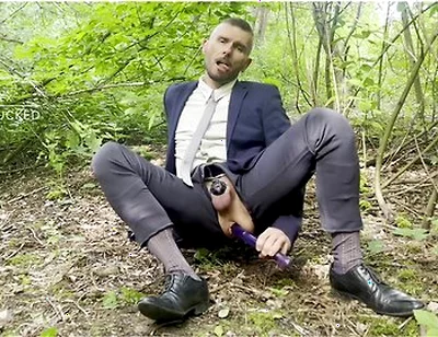 Suited Gentleman Is Spreading Legs Like Slut And Plays With His Malepussy With Locked Dick With Power Bottom