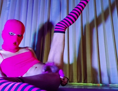 Pink Balaclava Mask Sissy Dyed Pubic Hair Play with a Vibrator