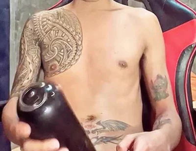 Pinoy Horny Inked Twink Playing with His Masturbator Toy