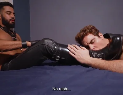 Leather master boots and feet licking cum load
