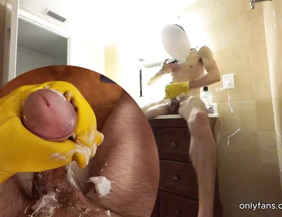 Muscular Slim Body Guy Hard Jerking off Uncut Huge Cock by Yellow Leather Glove