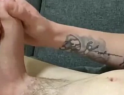 Naked Twink Lays on Sofa Stroking Huge Uncut Cock Until Cumming on Ripped Abs - Amateur Solo
