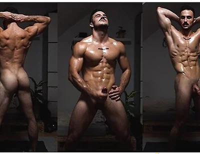 Hot Muscular Hunk Oils Up Flex His Muscles While Masturbating Until Cumshot