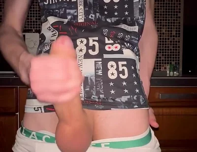 Twink pulls off his Panties and Jerks Off his Huge 23 cm Cock